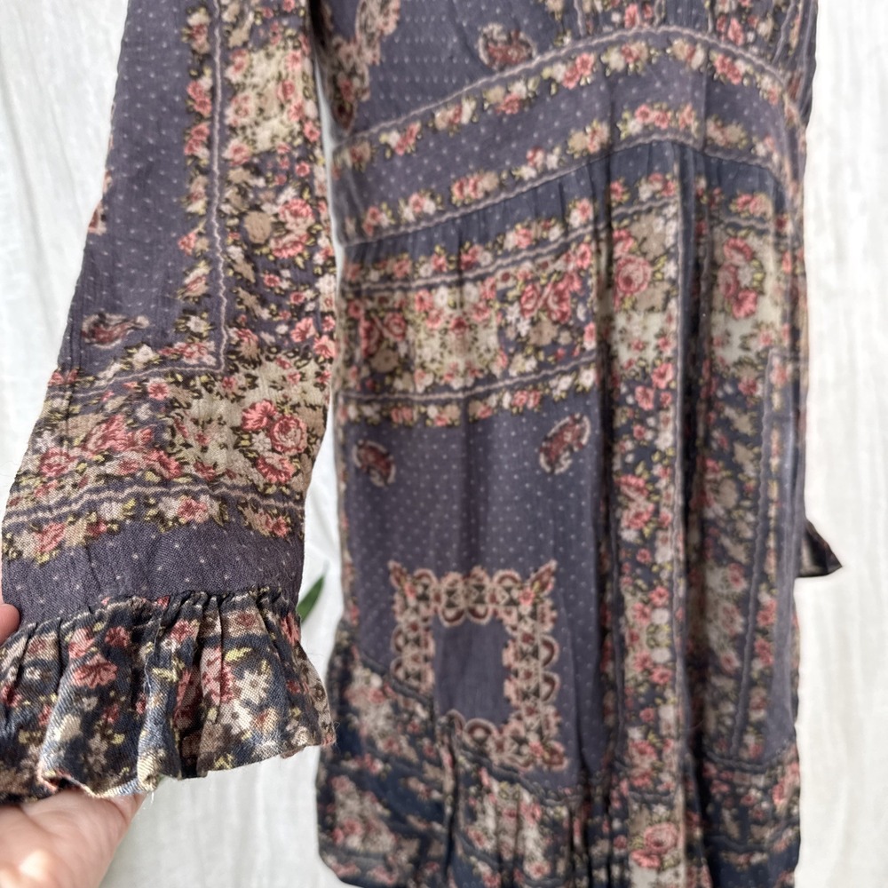 Free People Boho Cottagecore Floral Mini Dress L Prairie Peasant Festival Earthy - Picture 3 of 7